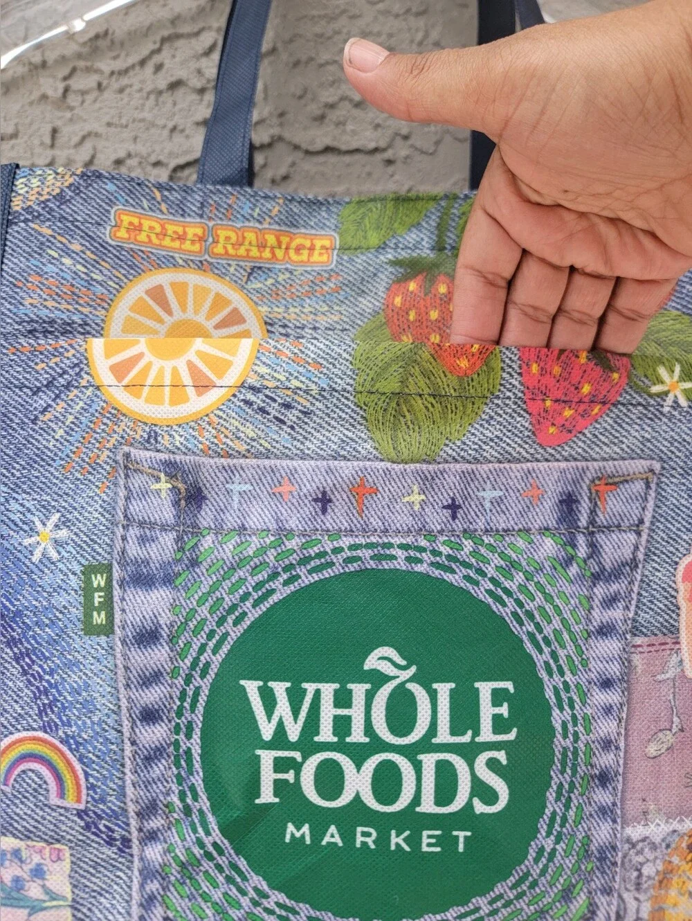 Whole Foods Denim Print Reusable Market Tote Bag Sustainable Grocery Carryall